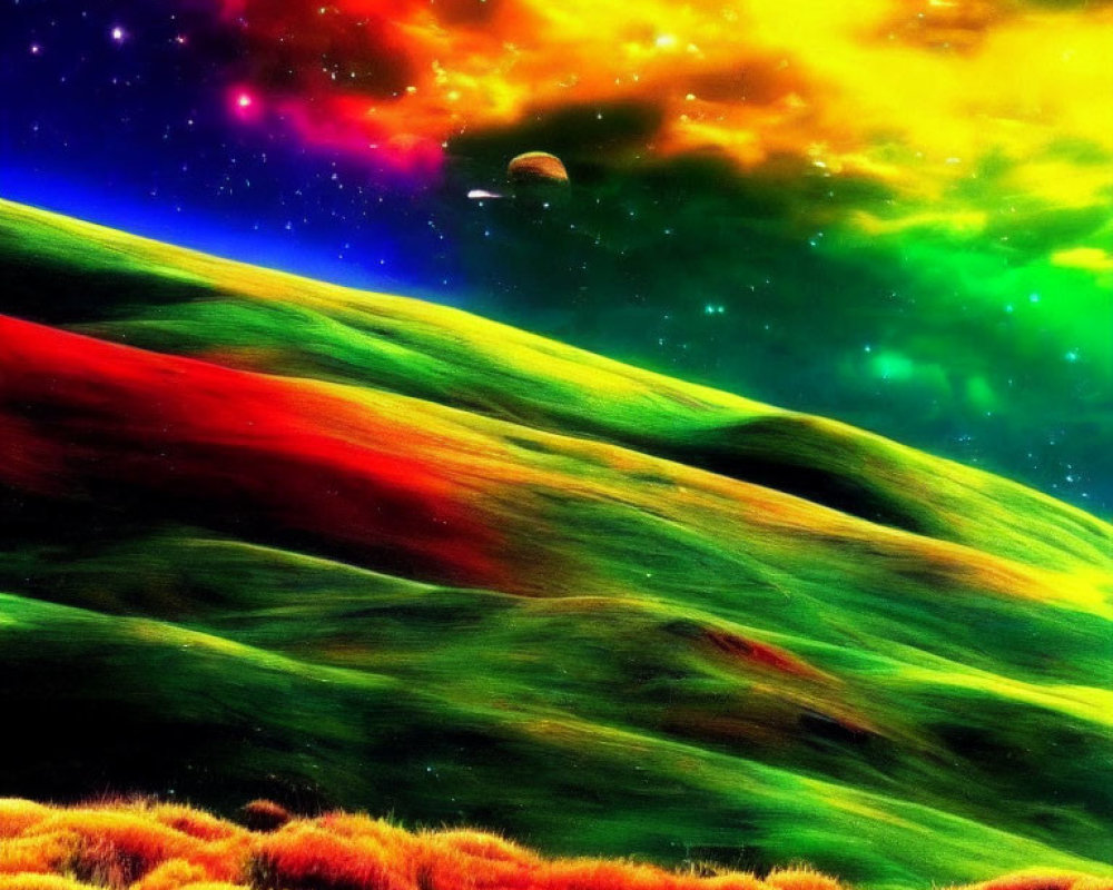 Colorful Cosmic Sky Over Vibrant Rolling Hills