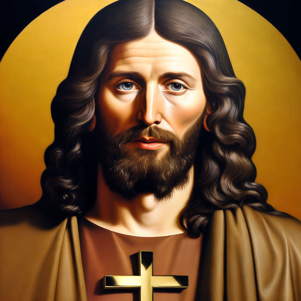 Man with Long Brown Hair and Beard Holding Cross in Robe and Golden Halo