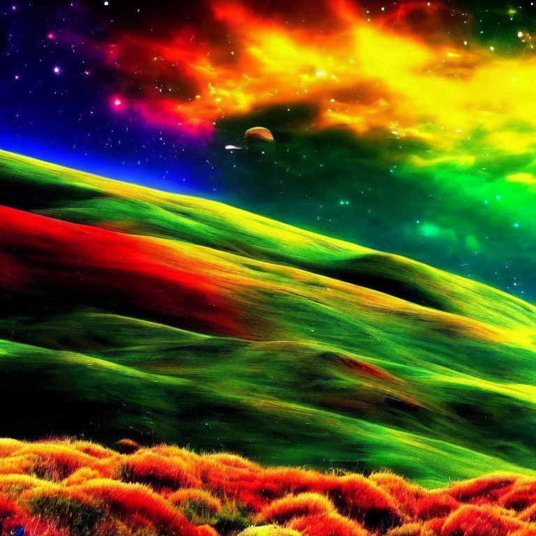 Colorful Cosmic Sky Over Vibrant Rolling Hills