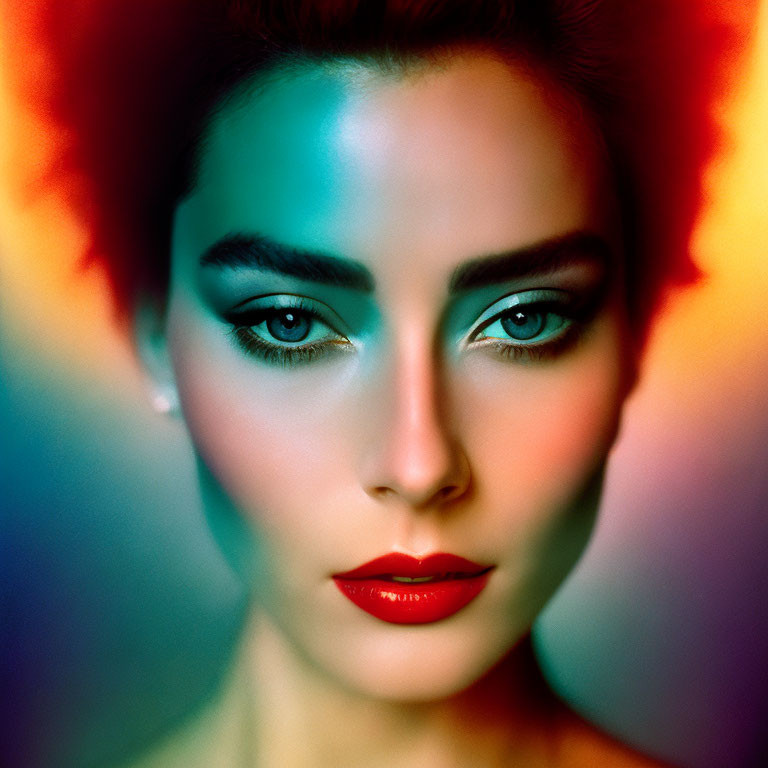 Vibrant red, blue, and orange lighting on woman's face accentuating makeup and features