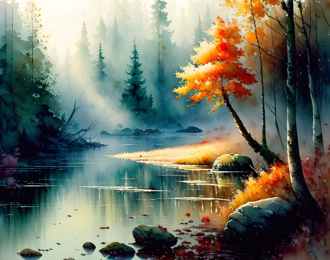 Misty forest and river with autumn foliage and rocks