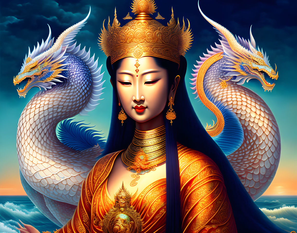 Regal woman in golden attire with two white dragons against blue sky