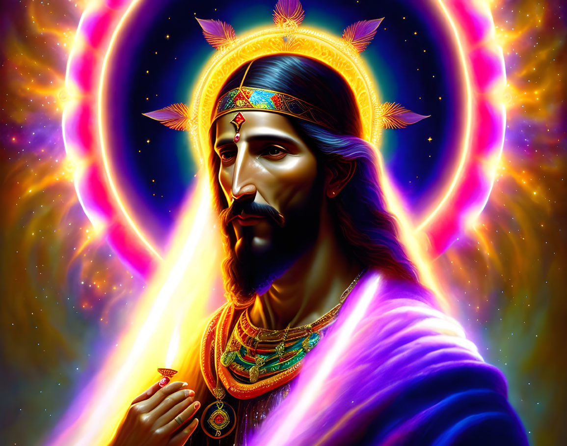 Illustration of man with halo in regal attire against cosmic backdrop