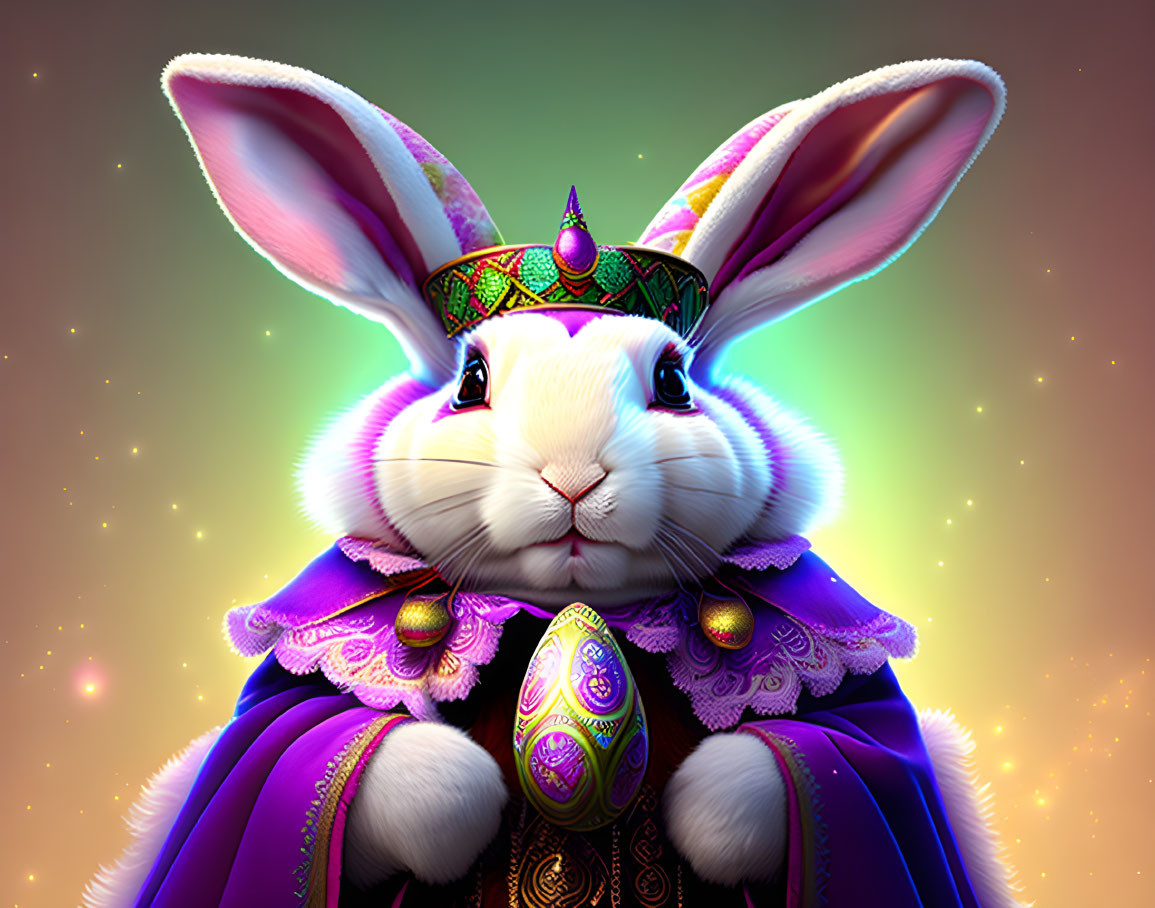 Regal rabbit in jeweled crown and purple cloak on multicolored background