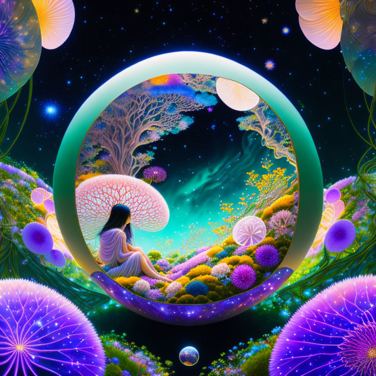 Surreal artwork of person under tree in luminous frame surrounded by fantastical flora