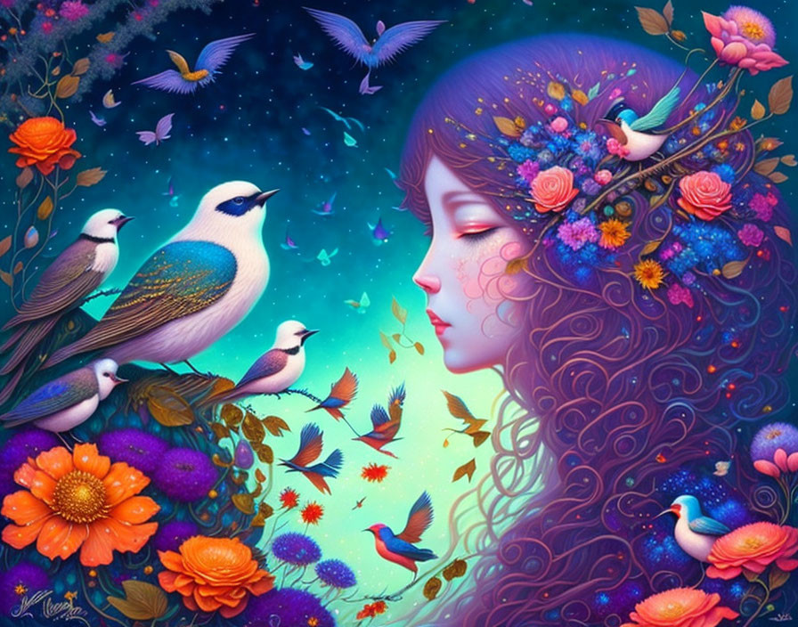 Colorful Illustration: Woman with Purple Hair, Flowers, Birds, and Hummingbirds on Blue