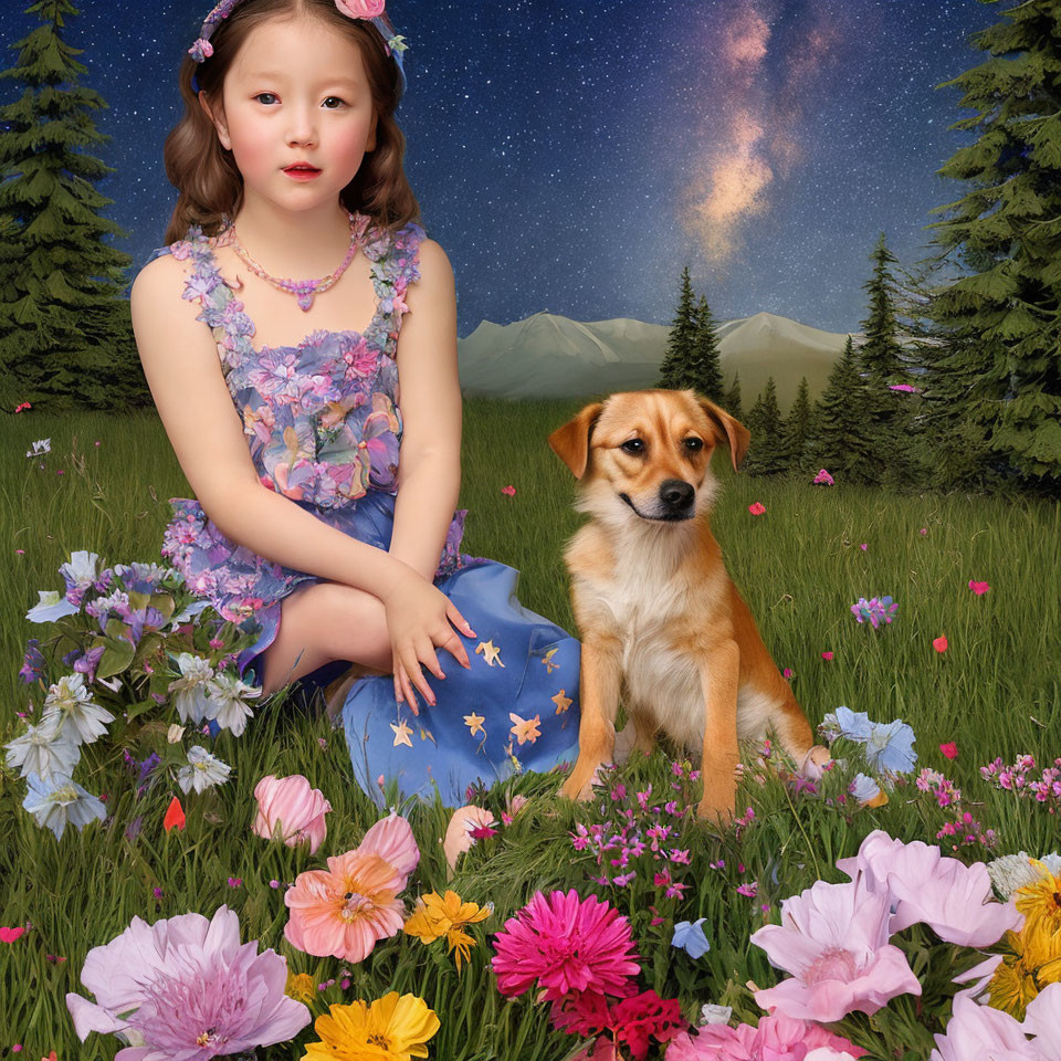 Young girl in floral dress with dog surrounded by wildflowers under starry night sky