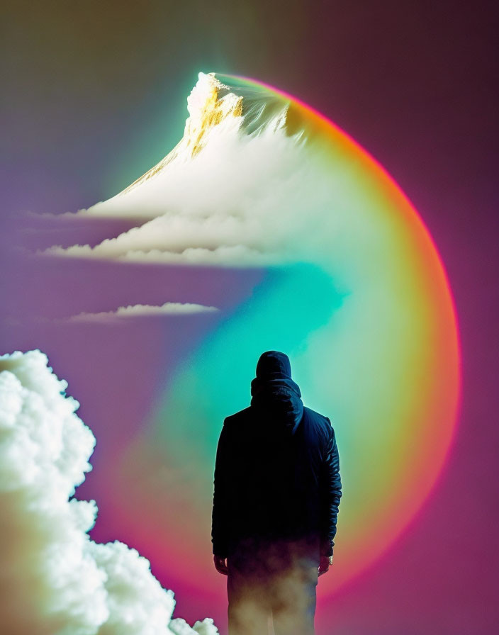 Colorful digital wave above person amidst clouds.