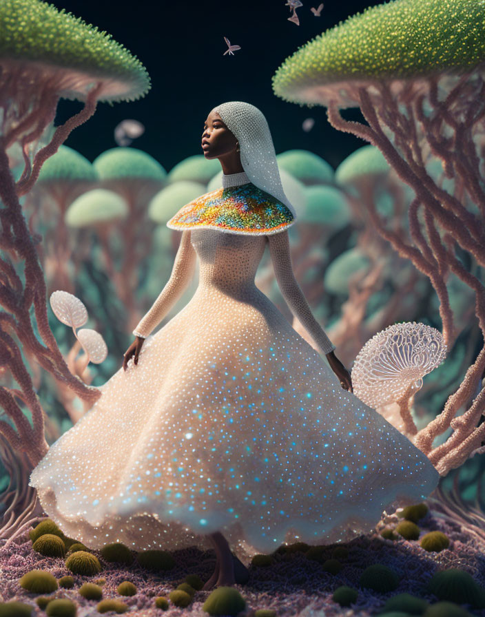 Woman in Sparkling White Dress Amid Fantastical Coral Structures