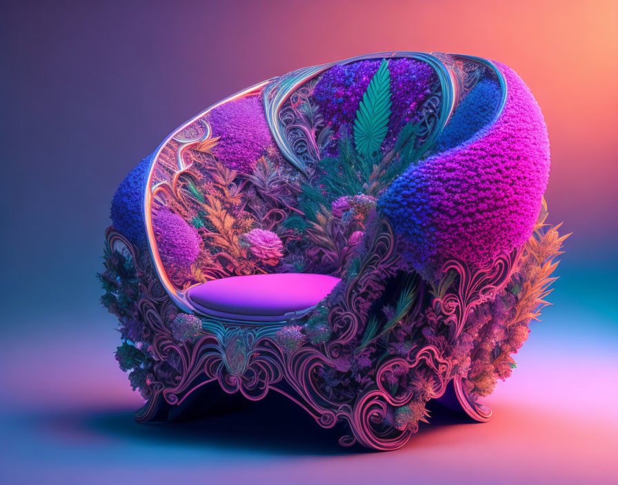 Colorful 3D-rendered chair with intricate botanical designs and purple textures