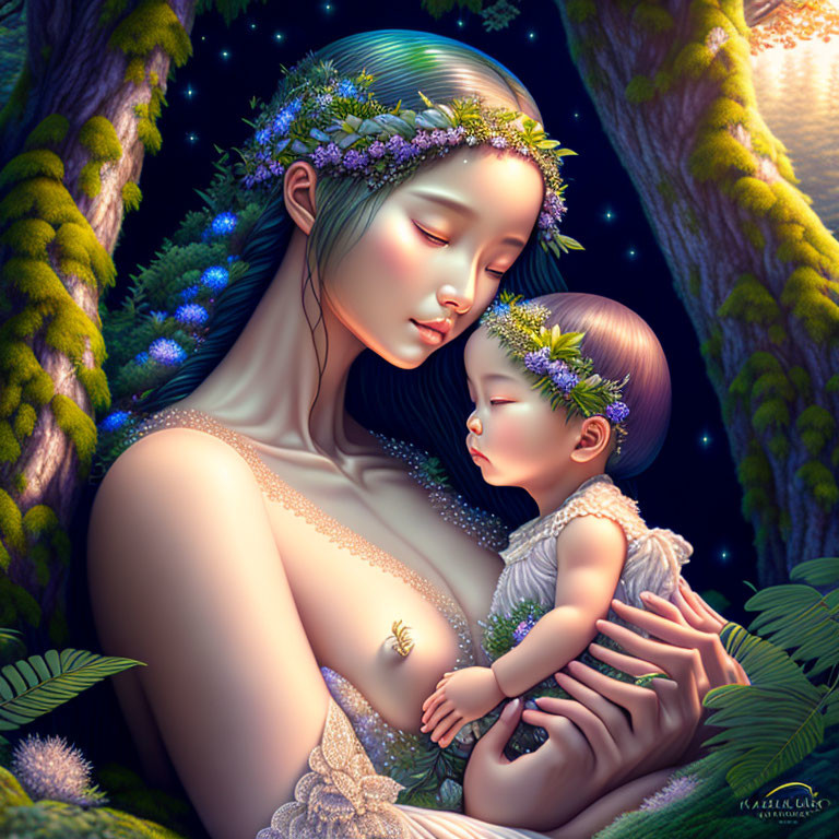 Mother with flower crown holding sleeping baby in enchanted forest