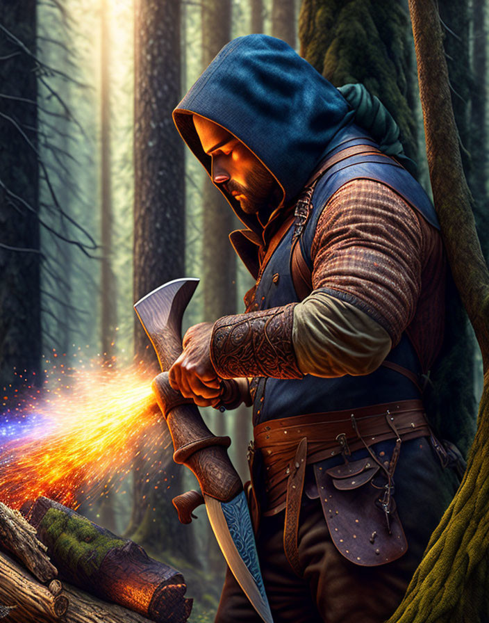 Hooded figure sharpening axe in mystical forest with sparks.