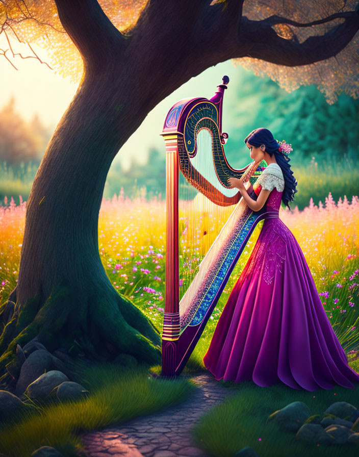 Woman in Purple Gown Playing Harp in Flower-Filled Meadow at Sunset