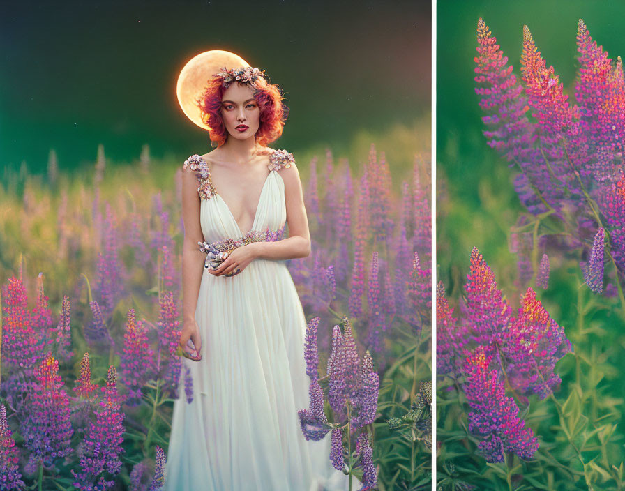 Woman in white dress surrounded by tall purple flowers under a large moon