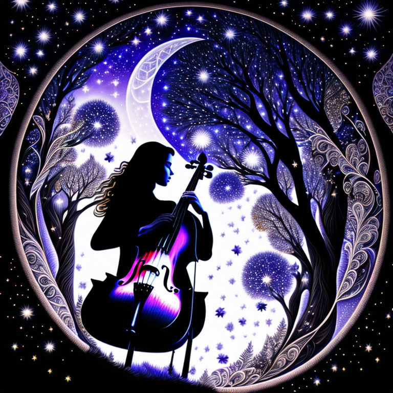 Silhouette of woman playing cello under starry sky with celestial bodies and glow effects