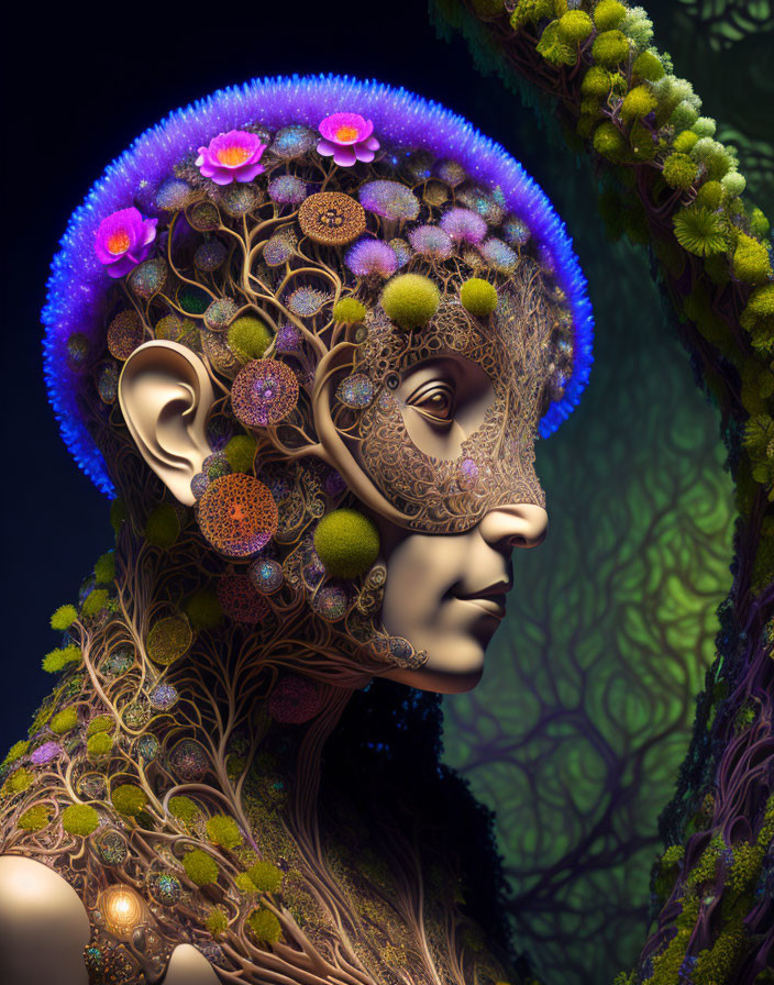 Surreal humanoid portrait with flower-adorned head and moss-like texture on dark background.