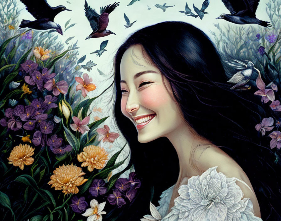 Colorful Flowers and Birds Surrounding Joyful Woman in Nature