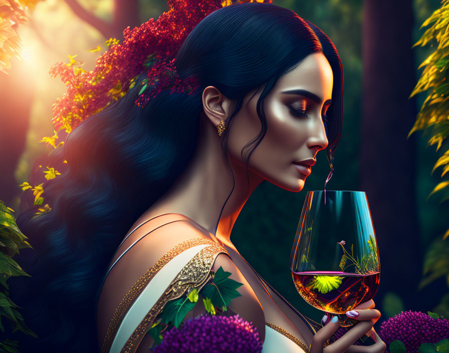 Digital Illustration: Woman with Dark Hair Holding Wine Glass in Sunlit Floral Setting