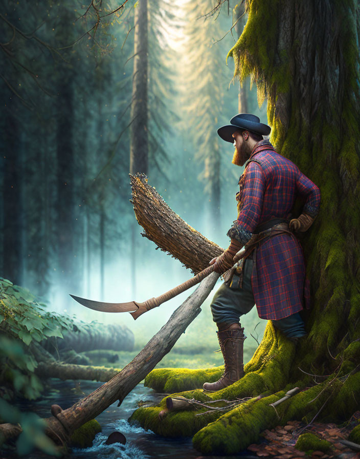 Bearded man in plaid shirt wields double-headed axe in mystical forest