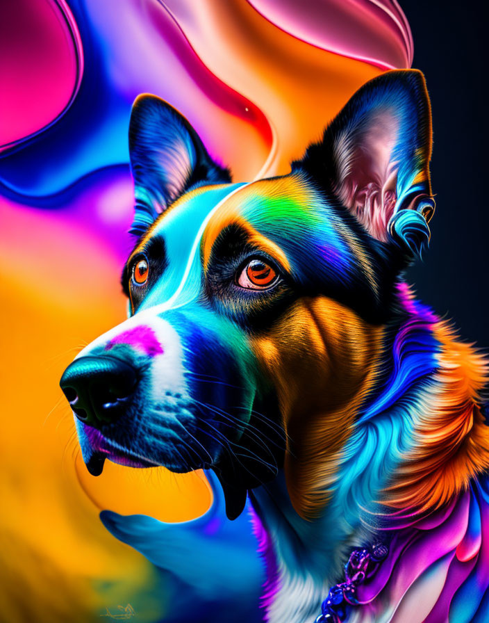 Vibrant digital art portrait of a colorful dog on abstract background