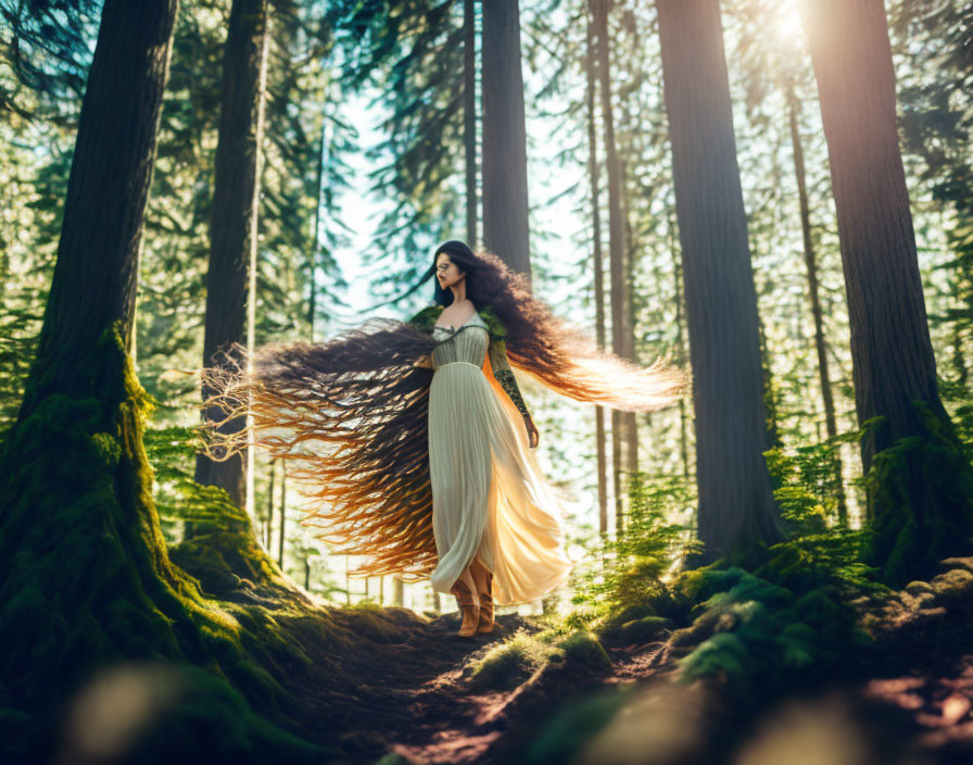 Woman in flowing dress and long hair in sunlit forest setting