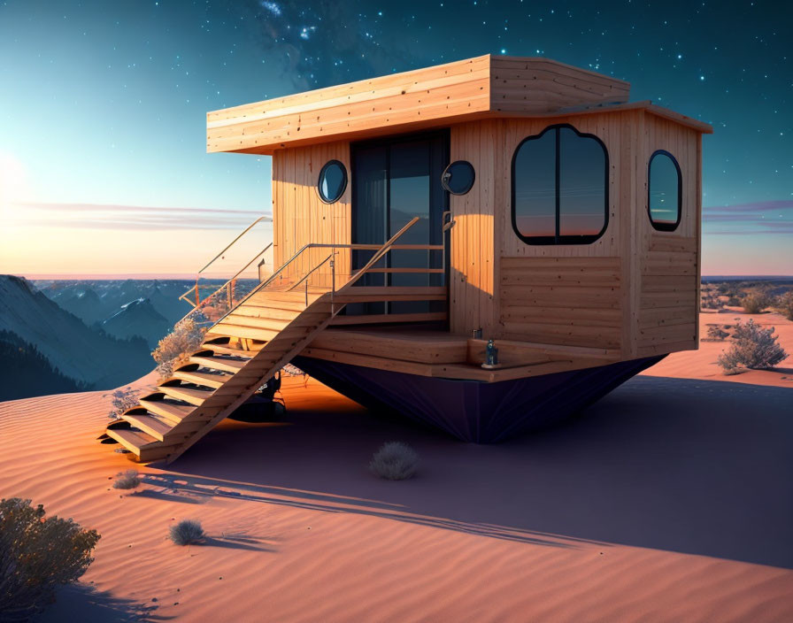 Tiny Wooden House on Wheels in Desert Twilight with Starry Sky