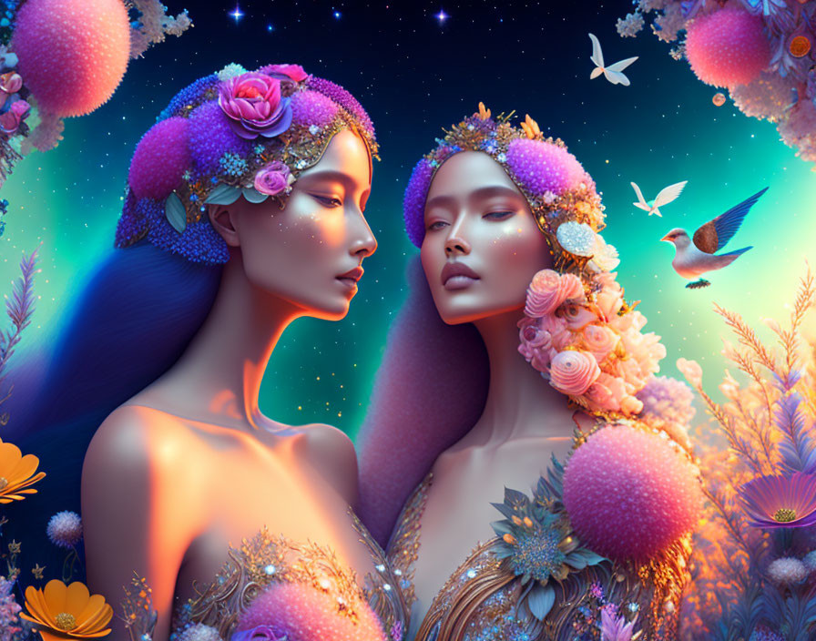 Ethereal women with floral adornments in vibrant fantasy landscape