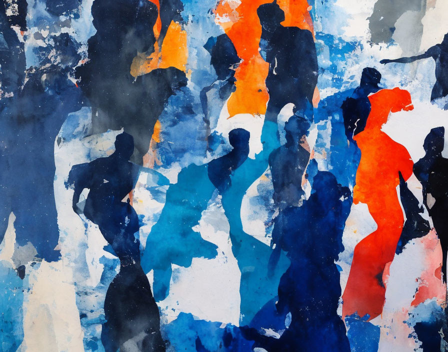 Abstract Painting: Human Figure Silhouettes in Blue, Orange, and Black