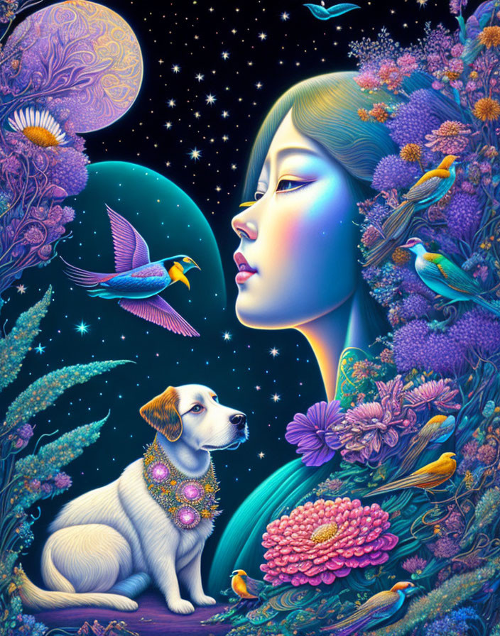 Woman with cosmic aura surrounded by flowers, birds, and dog under moonlit sky