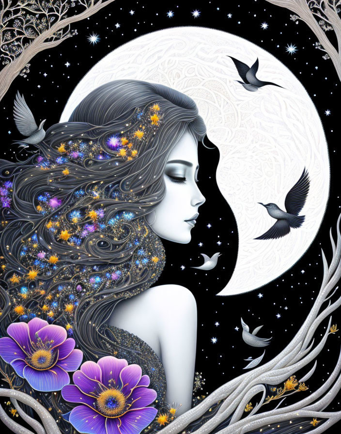 Woman with starry hair, birds, branches, flowers under moonlit night sky