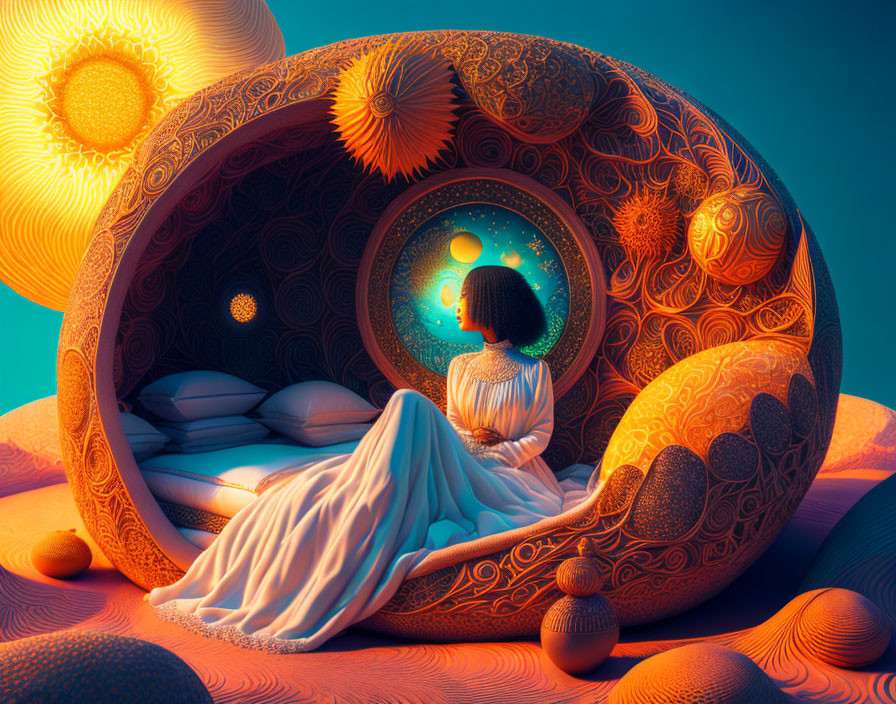 Surreal digital artwork of person in ornate shell structure viewing cosmic scene