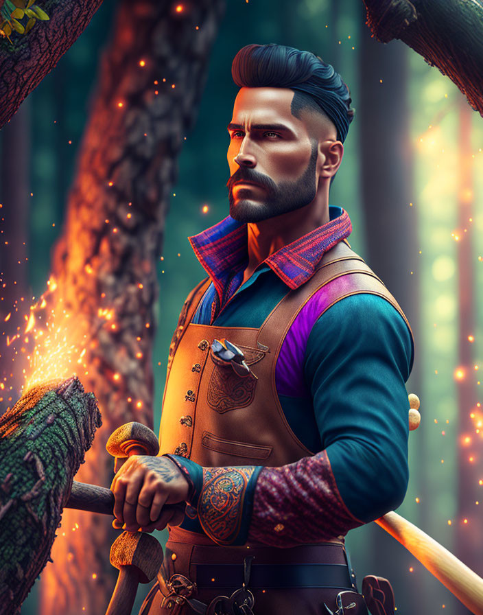 Digital portrait of a bearded man in fantasy attire holding a glowing sword by a tree