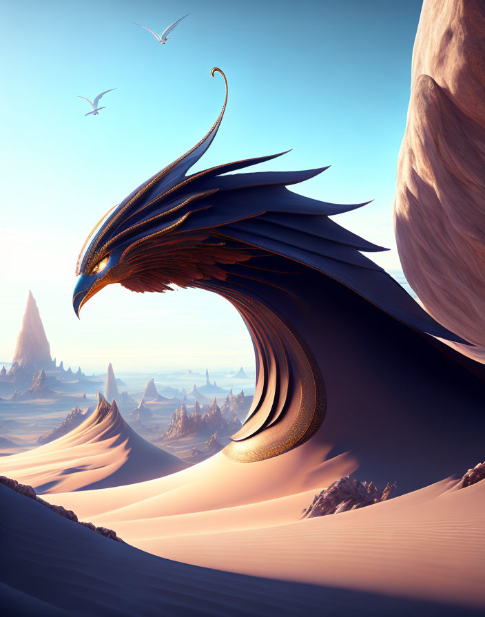 Golden dragon with large wings in desert landscape under blue sky