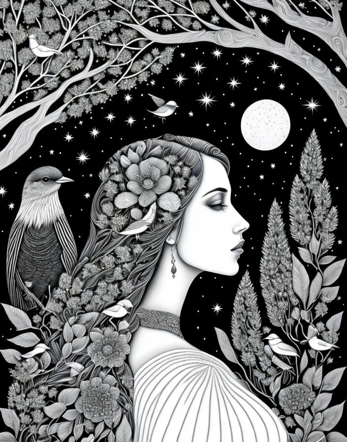 Detailed Monochrome Portrait of Woman with Floral Hair and Bird in Starry Night Background