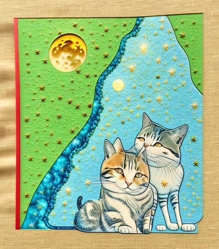 Two cats sitting under full moon in starry night sky and green field