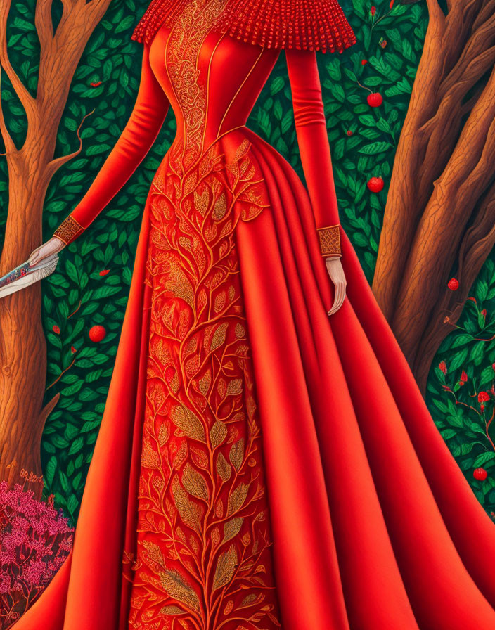 Surreal image: faceless figure in red dress among vibrant trees