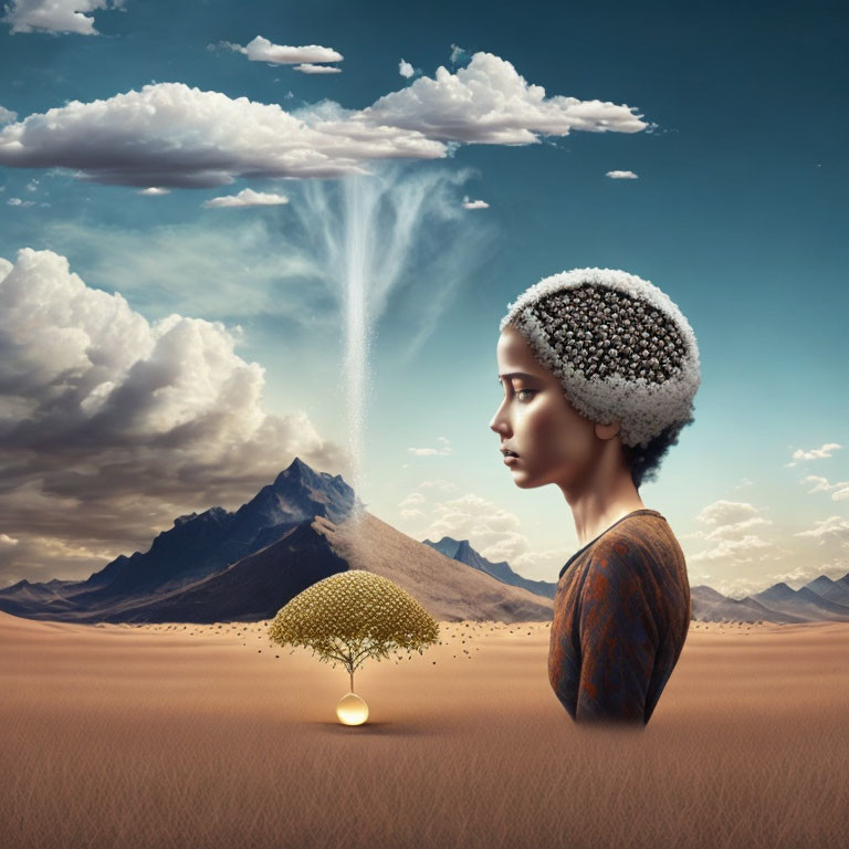 Surreal female profile with tree brain, rain clouds, mountains in desert