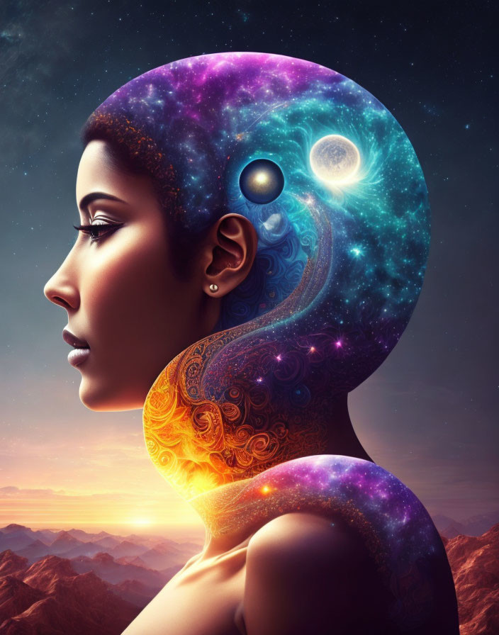 Woman's Profile with Cosmic Head in Starry Space Scene and Nebula Patterns