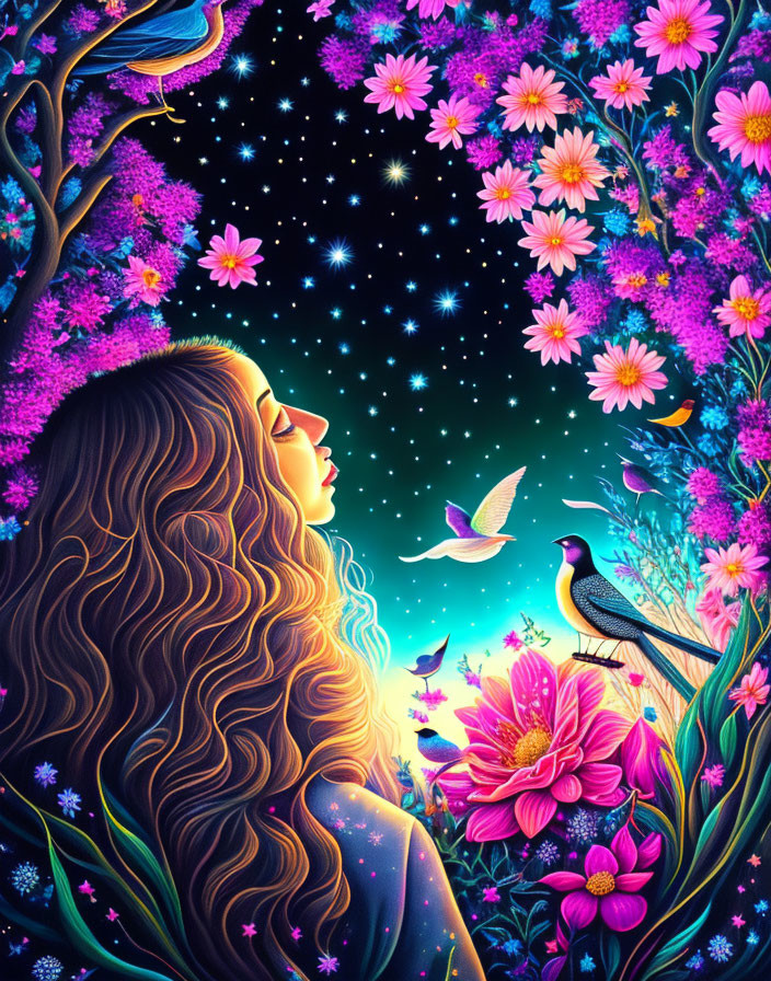 Colorful Illustration: Woman with Flowers and Birds under Starry Sky