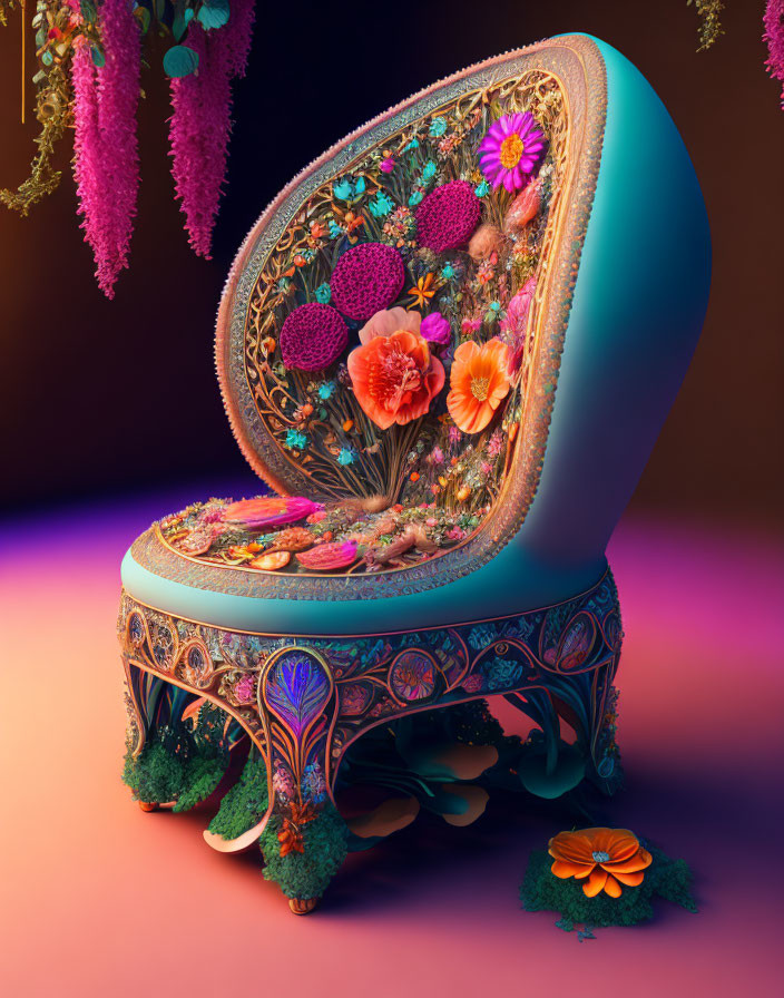 Intricately designed chair with vibrant floral patterns and embroidery on moody backdrop