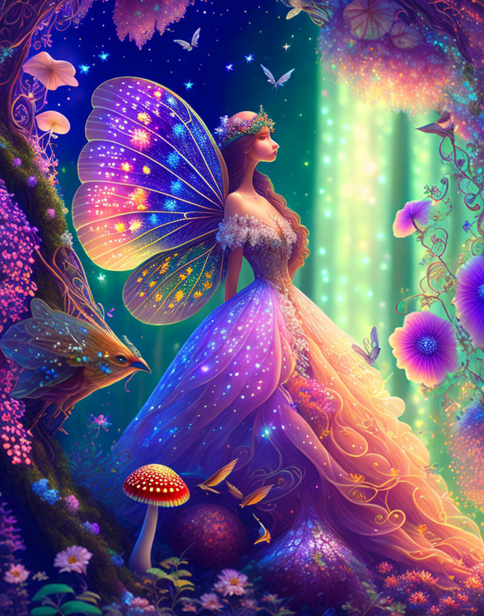 Fantastical woman with butterfly wings in enchanted forest