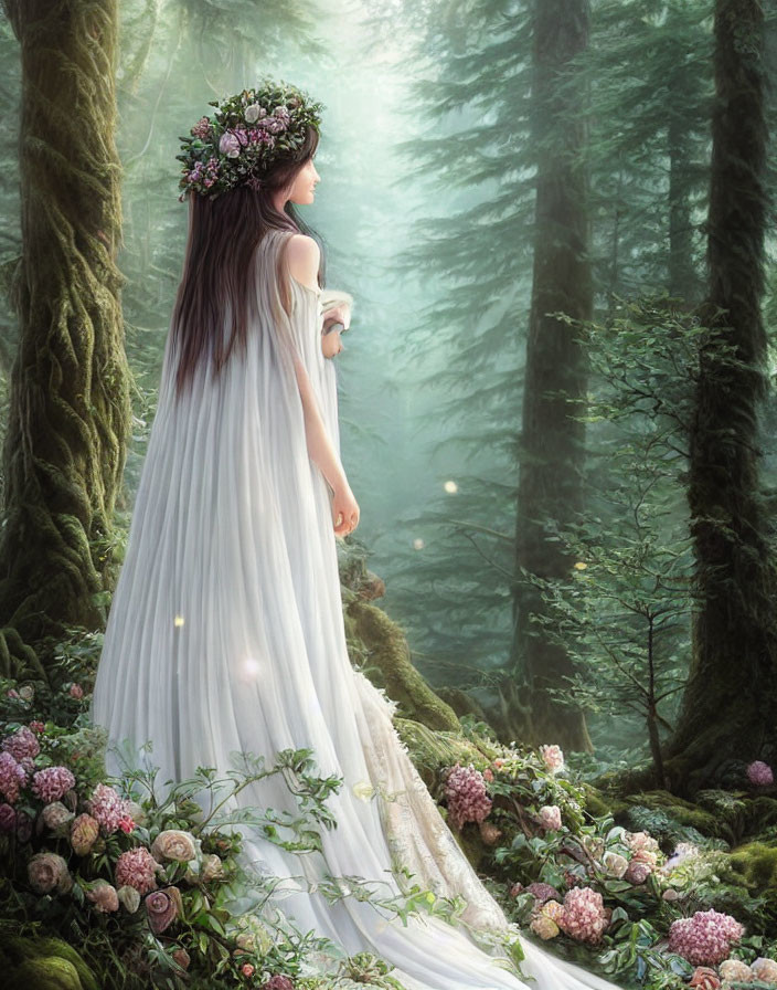 Woman in white dress and floral crown in misty forest with lush greenery and pink flowers