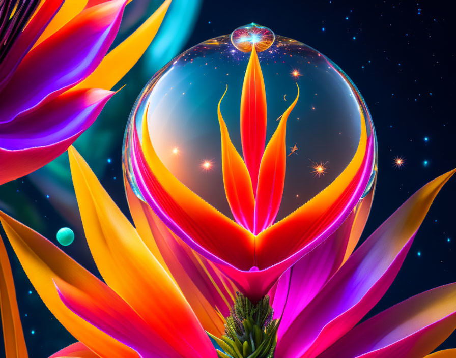 Colorful Digital Artwork: Luminous Bubble on Psychedelic Flower