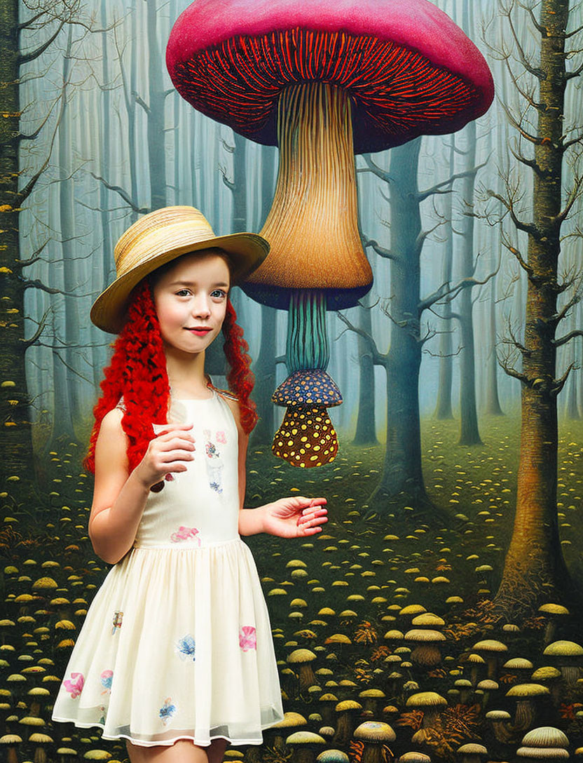 Red-haired girl in straw hat surrounded by oversized mushrooms in mystical forest