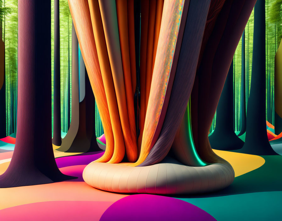 Vibrant surreal forest scene with twisted tree trunks in orange, brown, and green hues