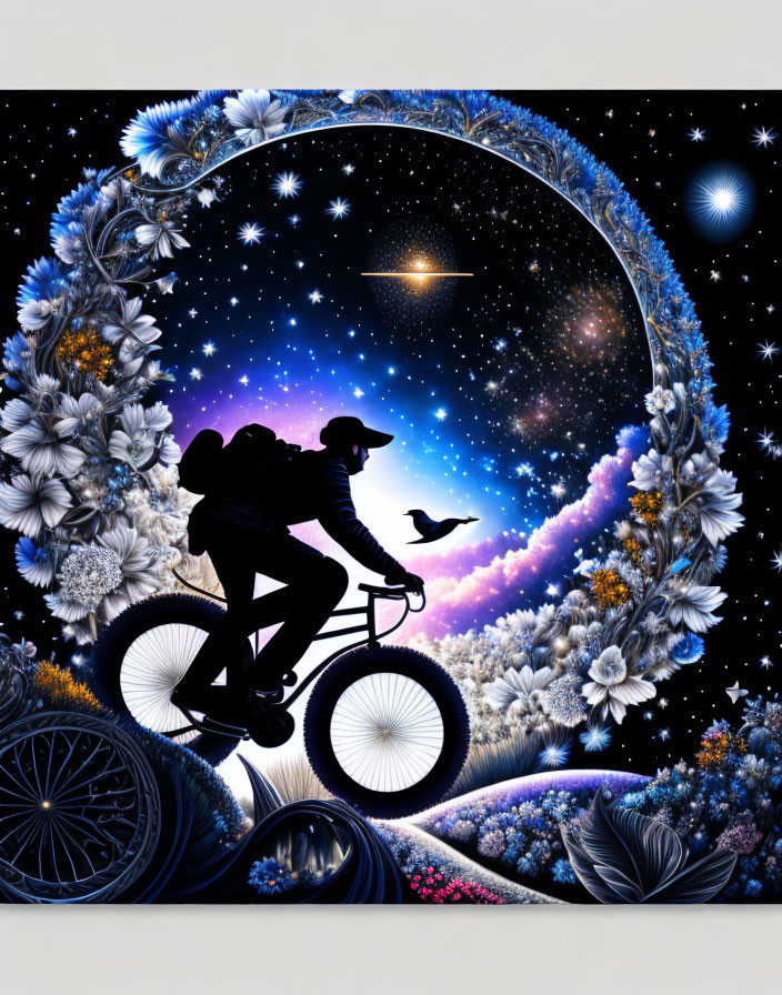 Silhouette of person biking through cosmic floral archway with flying doves