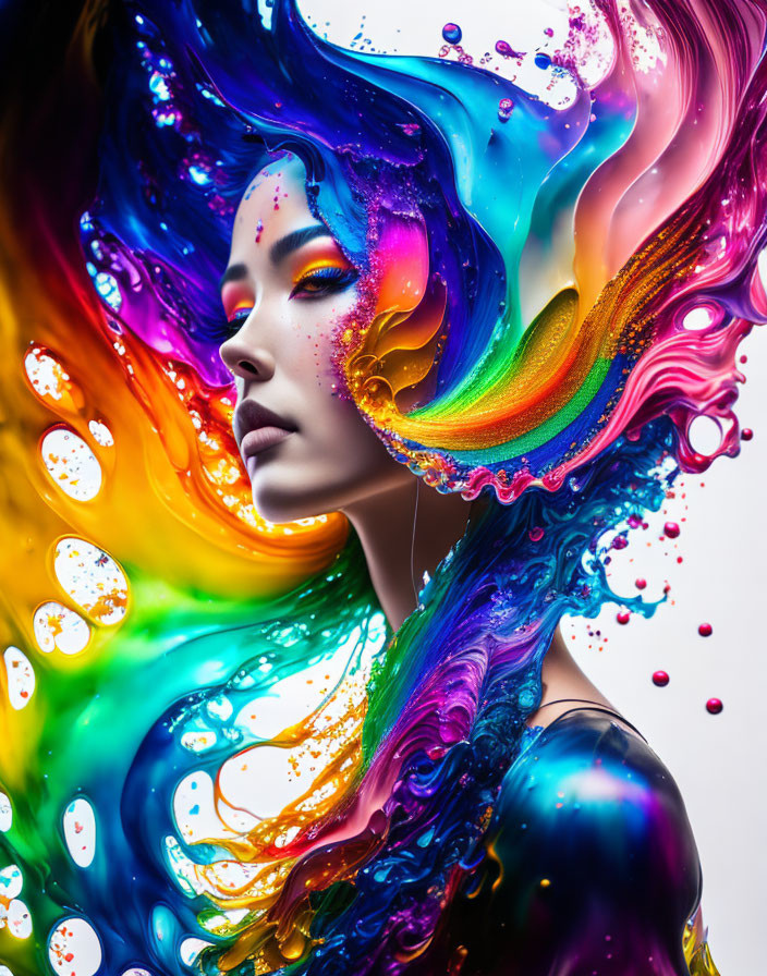 Colorful digital artwork: Woman with swirling hair and bubble circles