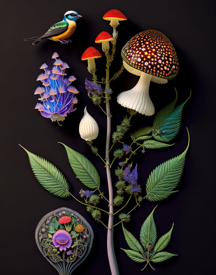 Colorful Bird Perched on Mushrooms and Ferns in Detailed Botanical Scene