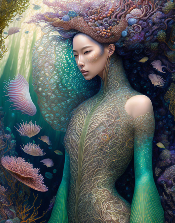 Ethereal portrait of a woman with aquatic features blending with vibrant sea life