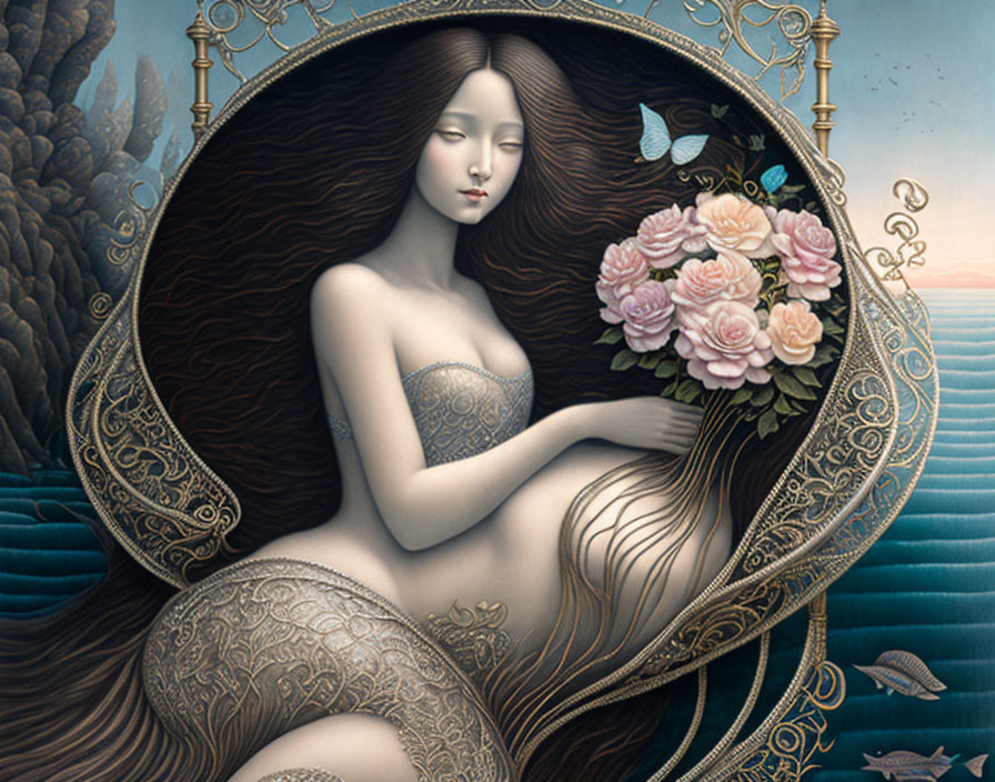 Surreal painting of woman with long hair and bouquet in circular frame on seascape background